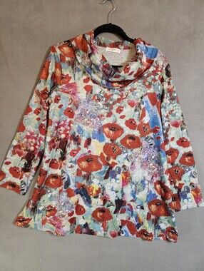 Jess & Jane Womens Medium Cowlneck Shirt Wildflower Lagenlook Long Sleeve